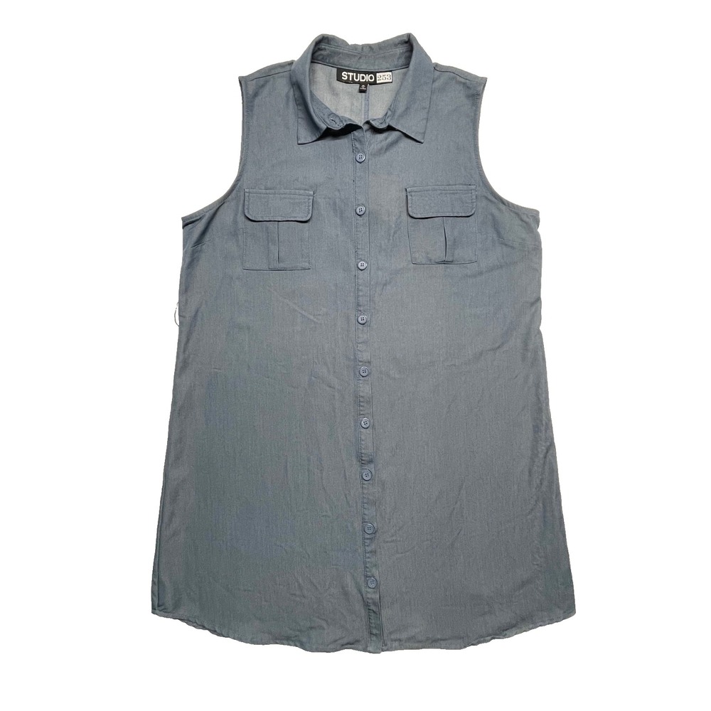Studio 253 Sleeveless Dress Blue Button Up Women's X-Large Shirt Style Stretch